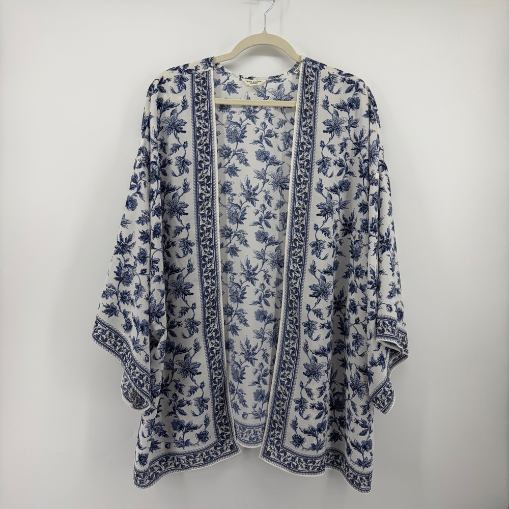 Max‎ Studio Womens 2X Blue White Floral Kimono Wrap Cardigan Toile Border Print